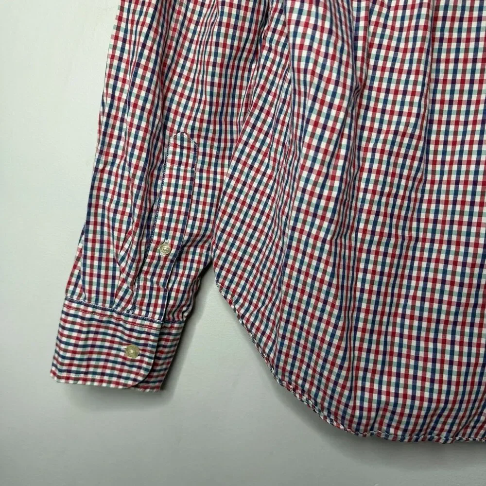J. Crew Red, White, & Blue Gingham Cotton Slim Button Up Dress Shirt Medium
